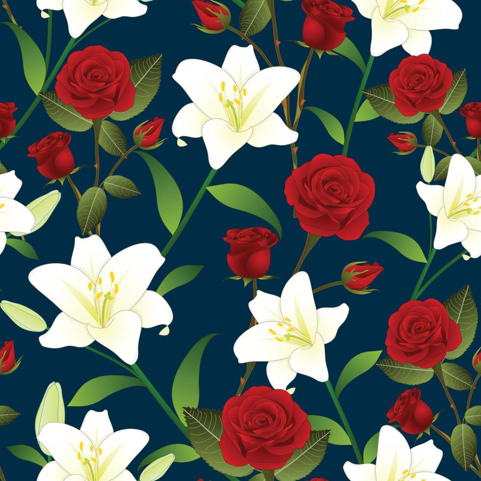 rosa roja y flor de lirio blanco fondo de navidad sin costuras vector