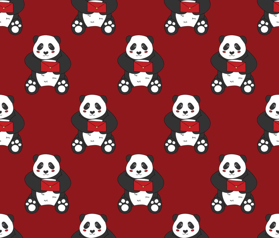 lindo panda con letra roja sobre fondo rojo. vector