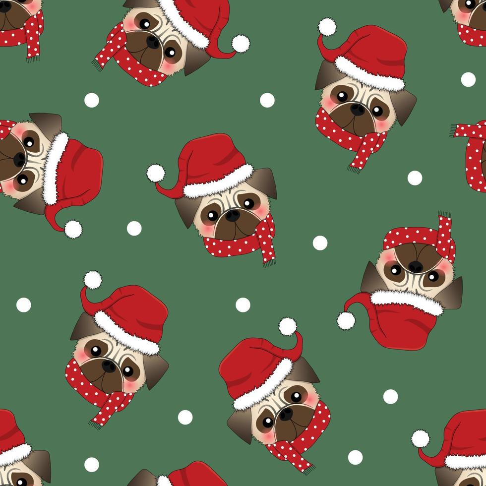 perro pug santa claus con bufanda roja sobre fondo verde vector