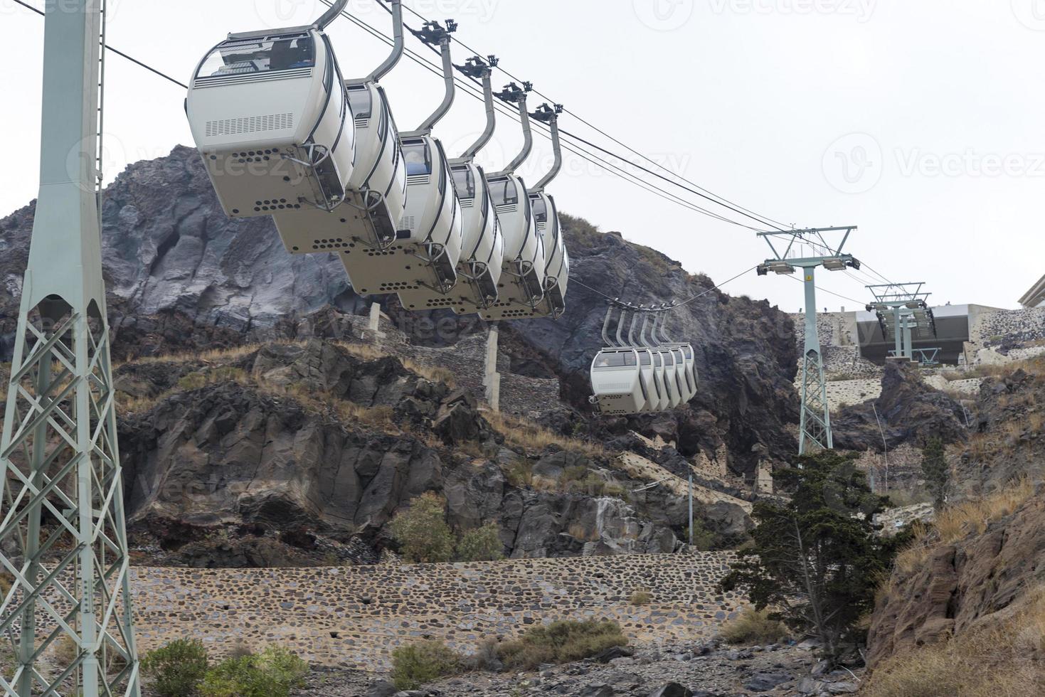 Cable car in Santorini with views of the mountain. photo