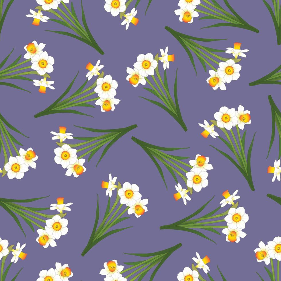 White Daffodil - Narcissus Seamless on Purple Background vector