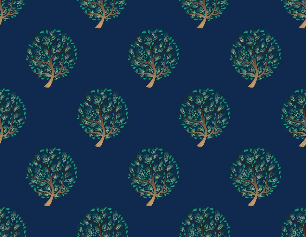 Green Tree Seamless on Indigo Blue Background. Vector Illustration