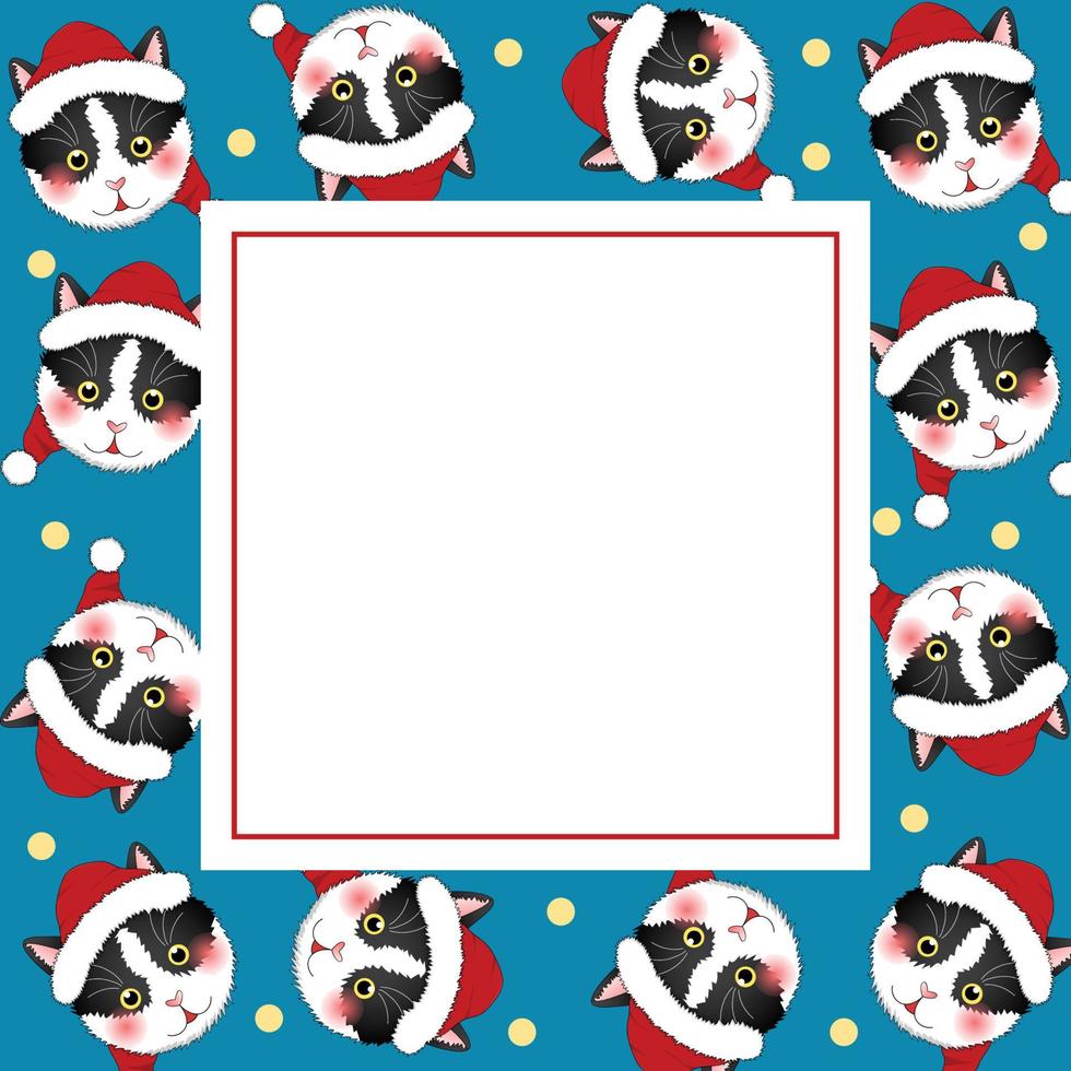 gato blanco negro santa claus en tarjeta de banner azul índigo. vector