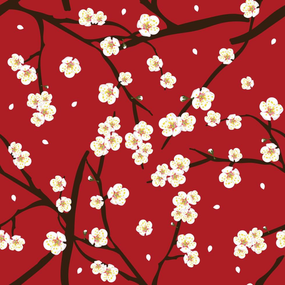 flor de ciruela blanca sobre fondo rojo. ilustración vectorial vector