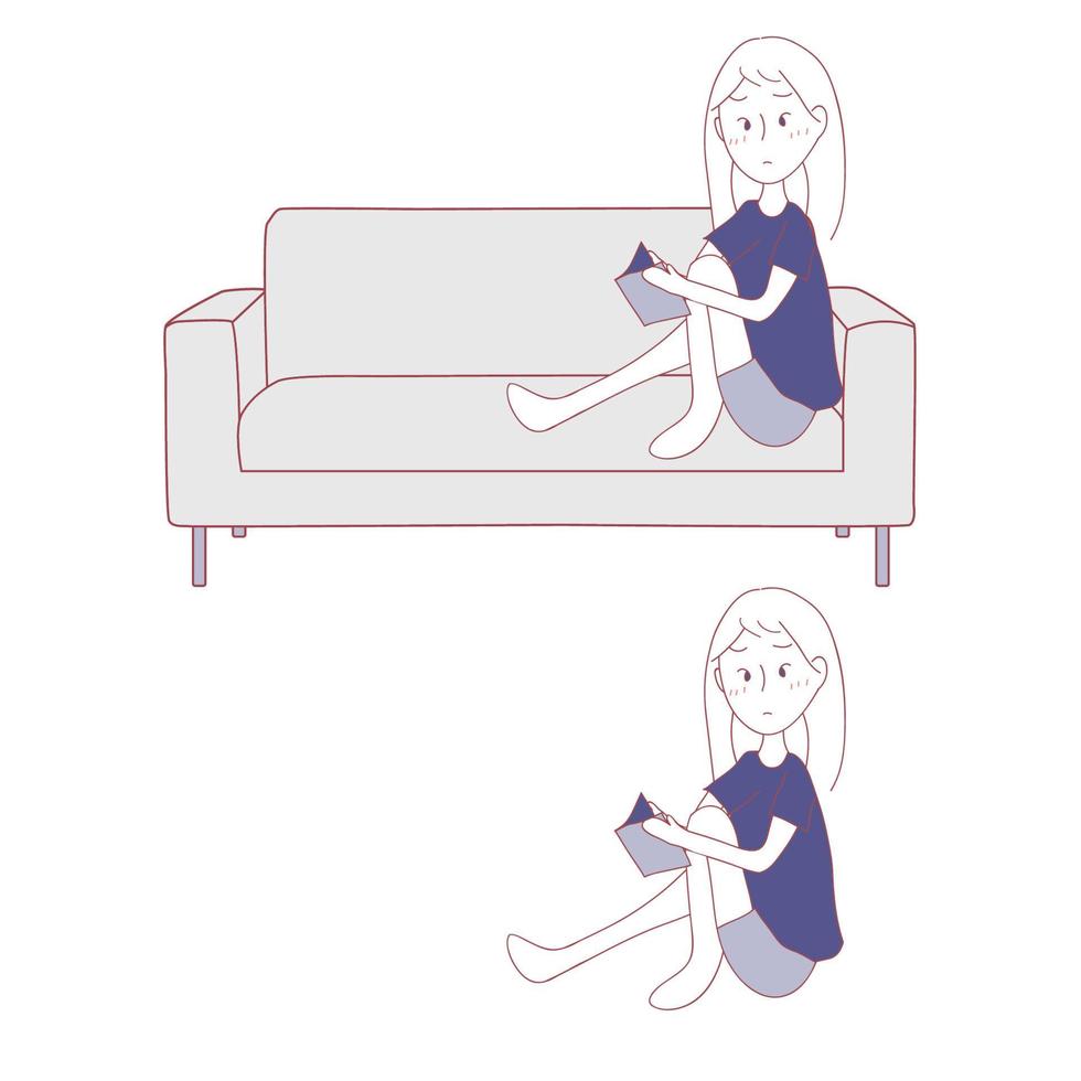 Girl Reading Book. Sitting Alone on Sofa vector