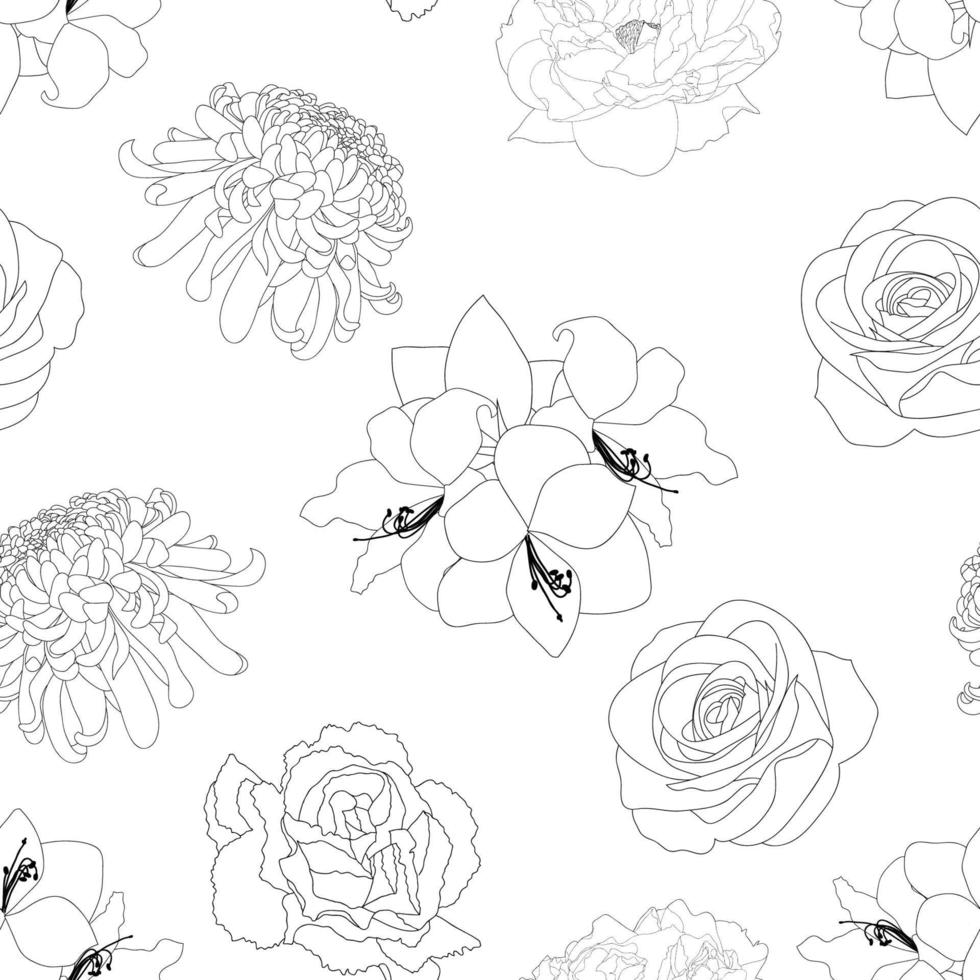 Rose, Chrysanthemum, Carnation, Peony and Amaryllis Flower Background Outline vector