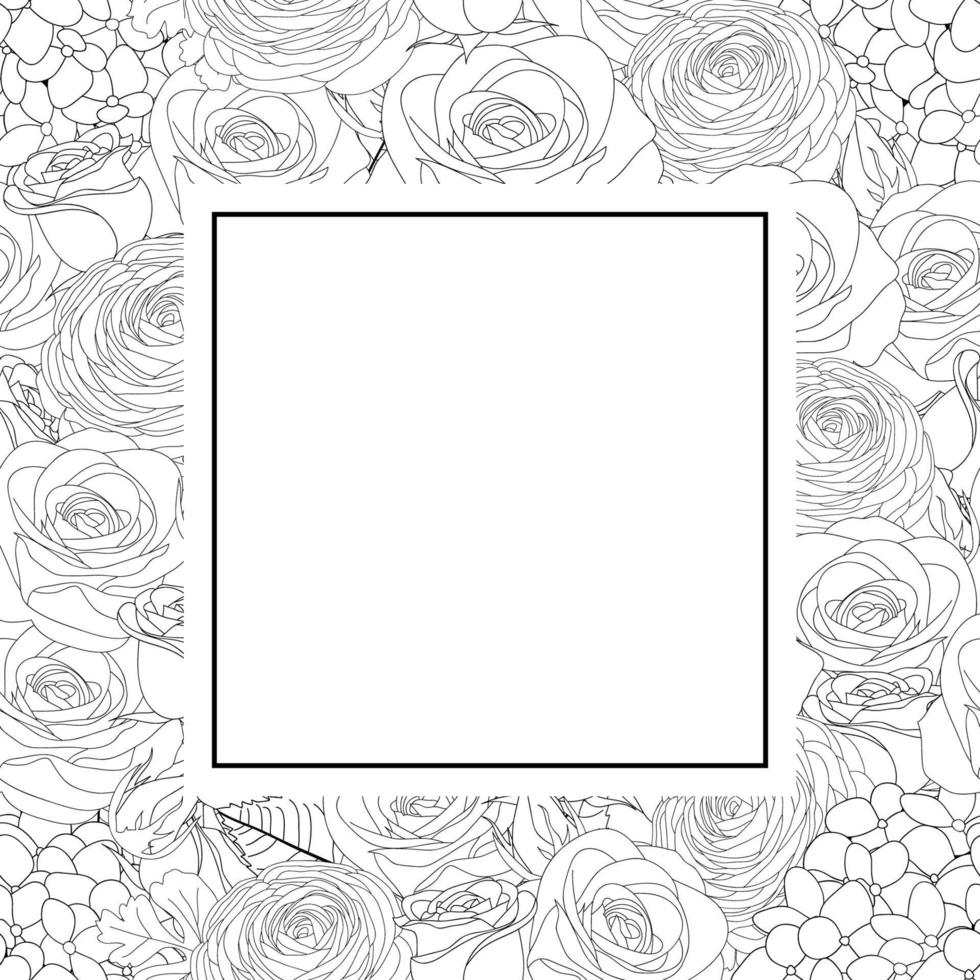 tarjeta de banner de contorno de rosa, hortensia y ranunculus vector