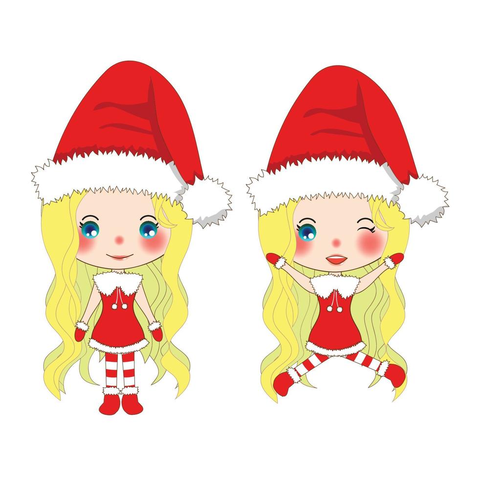 Merry Christmas with Cute Santa Girl Jumping. Pompom Hat and Outfit Santa Claus Costume. Beautiful Young Woman Vector. vector