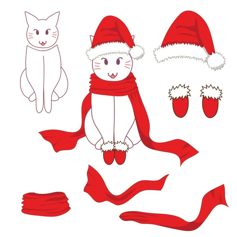 gato blanco de santa con bufanda roja vector