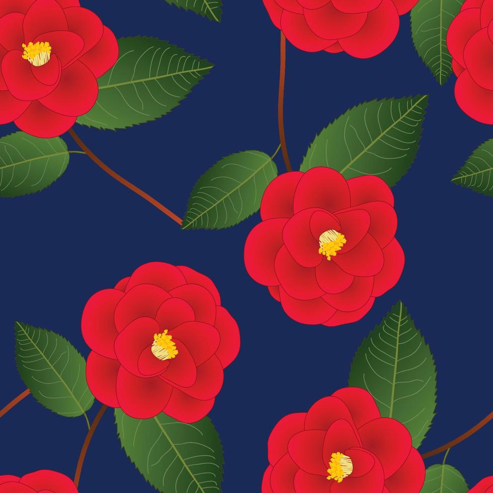 Red Camellia Flower on Indigo Blue Background. Vector Illustration