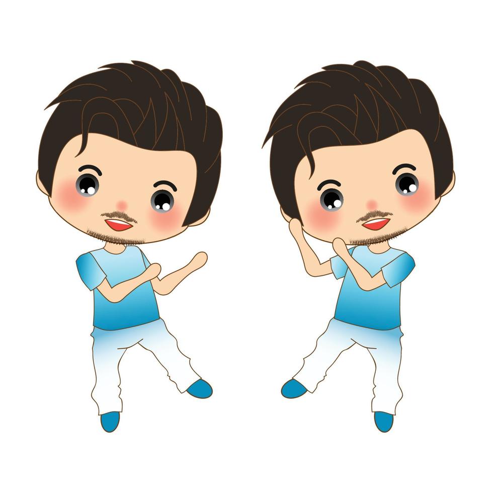 Happy Handsome Mustache Man in Blue Shirt and White Pants. Boy Dancing. isolated on White Background. vector