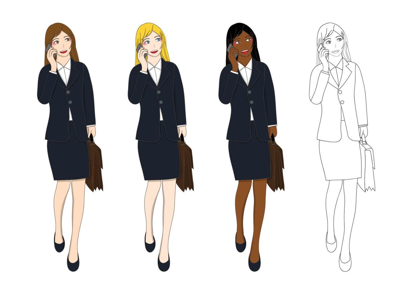 Set Cute Business Woman Talking on Phone and holding a Brief Case while Walking vector