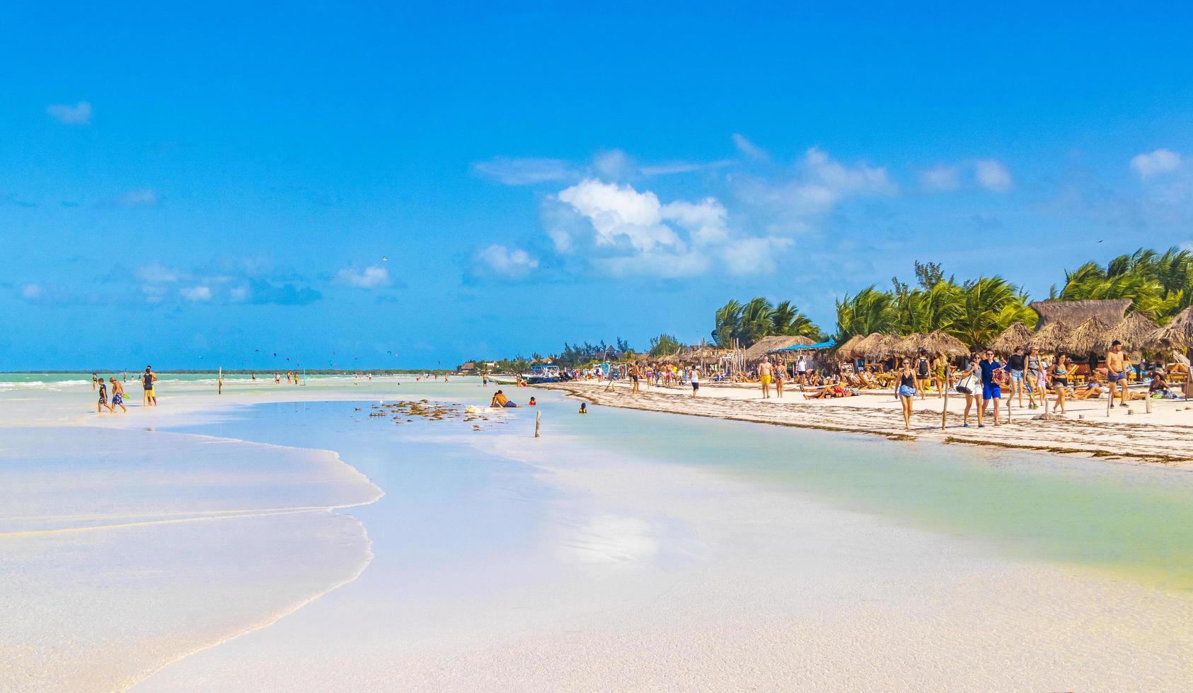 Holbox Mexico 21. December 2021 Beautiful Holbox island beach sandbank panorama turquoise water people Mexico. photo