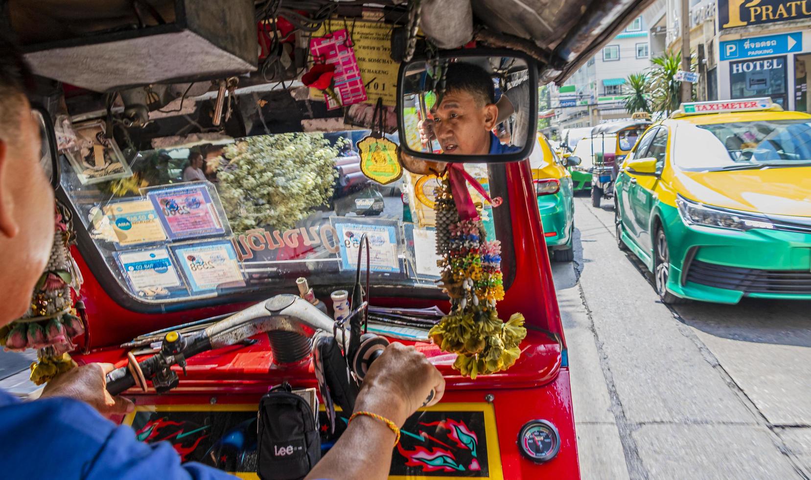 Bangkok Thailand 22. May 2018 Ride in tuk tuk during rush hour in Bangkok Thailand. photo