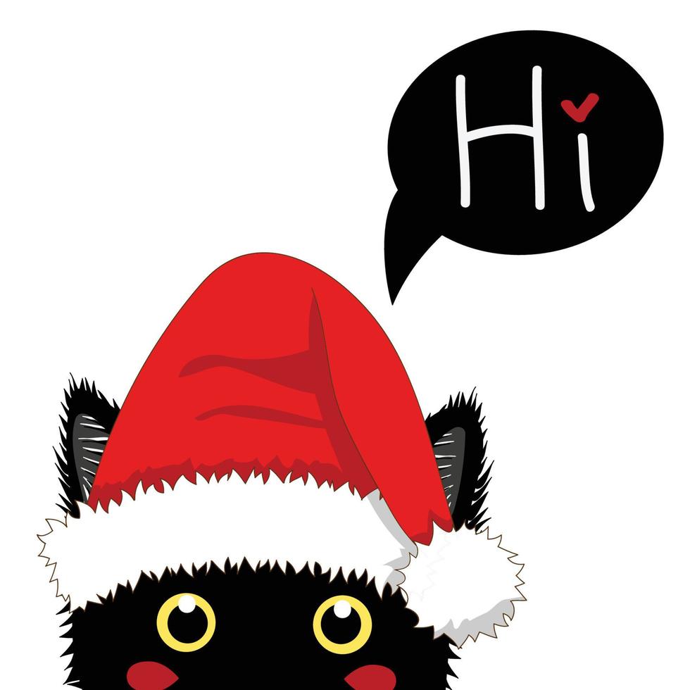 Black Cat with Santa Hat Sneaking. Greeting Card Christmas Day. Vector Illustration.