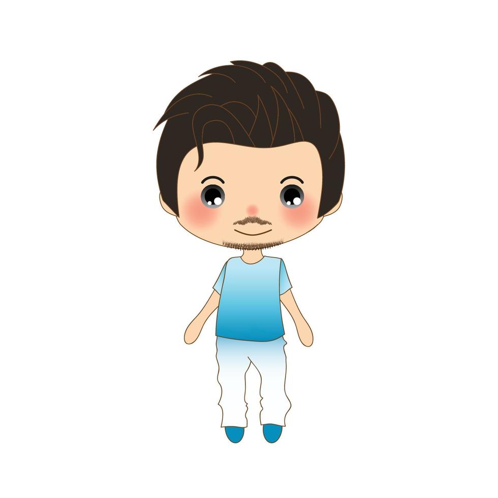 Handsome Mustache Man in Blue Shirt and White Pants. vector