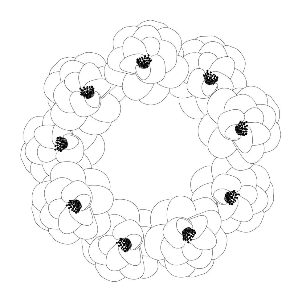 Camellia Flower Outline Wreath vector