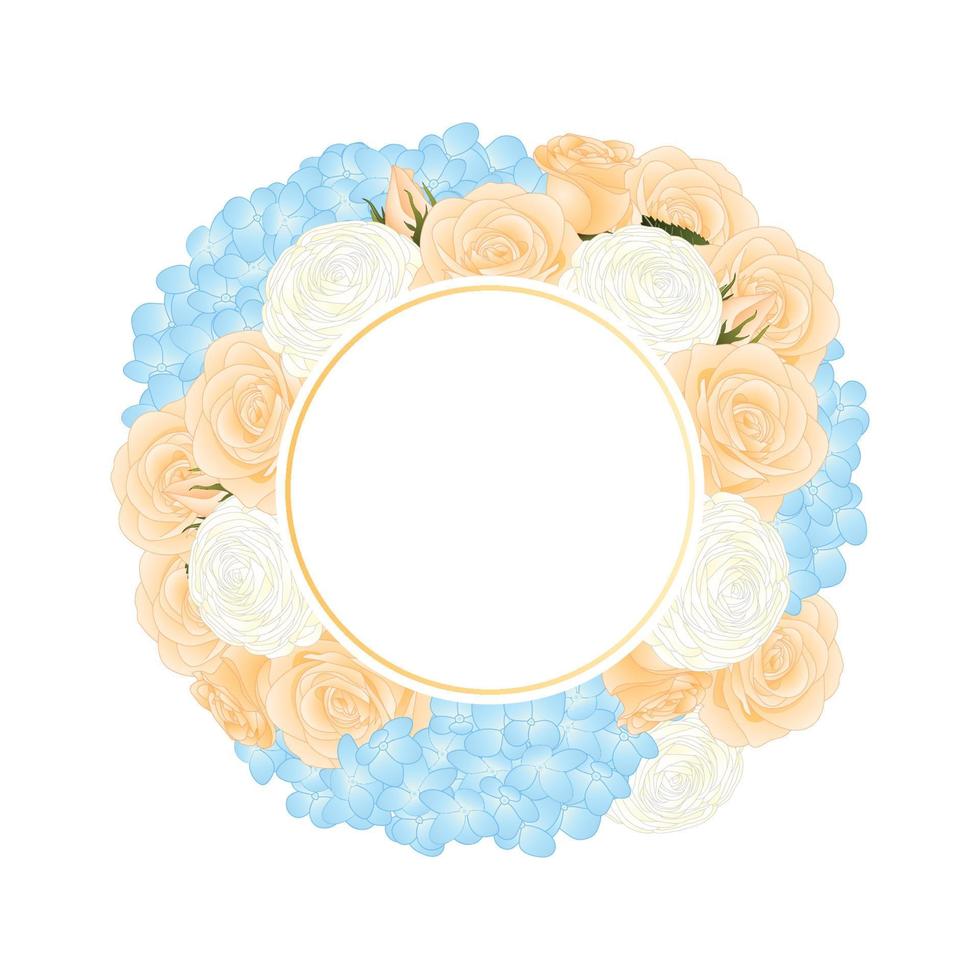 corona de pancarta de rosa naranja, hortensia azul y ranúnculo blanco vector