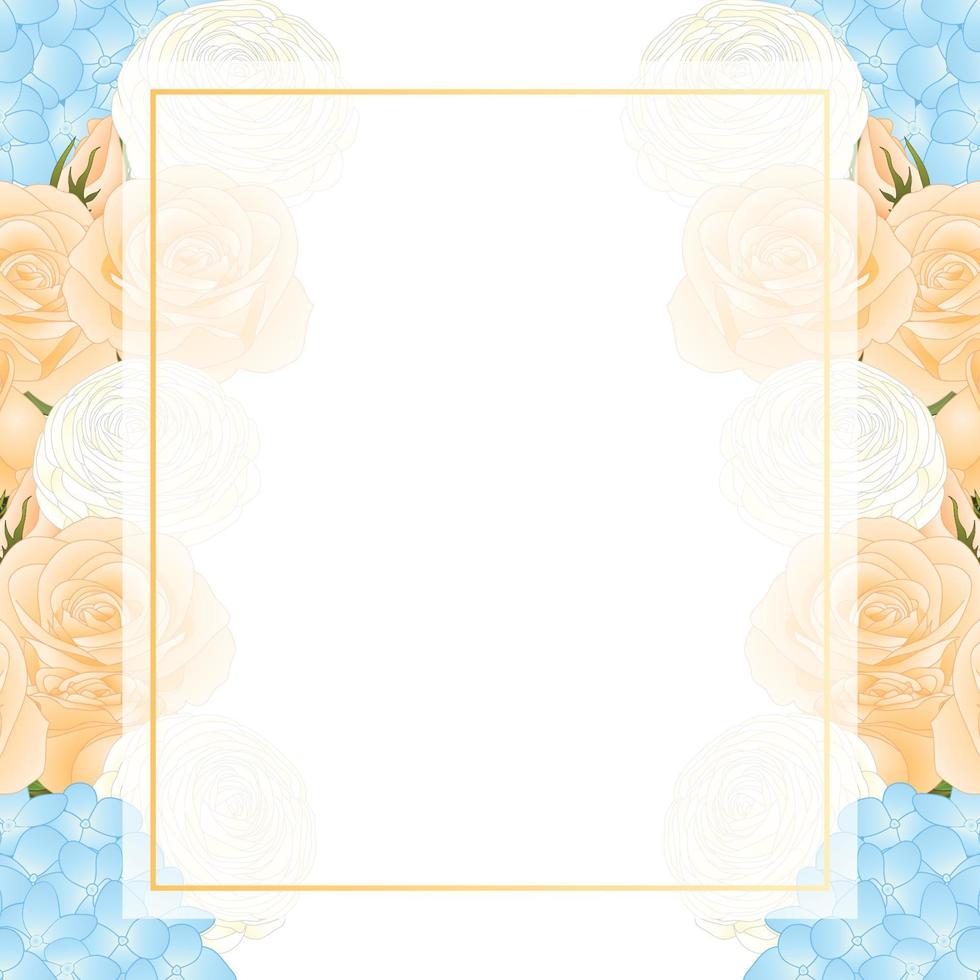 rosa naranja, hortensia azul y borde de tarjeta de banner de ranúnculo blanco vector