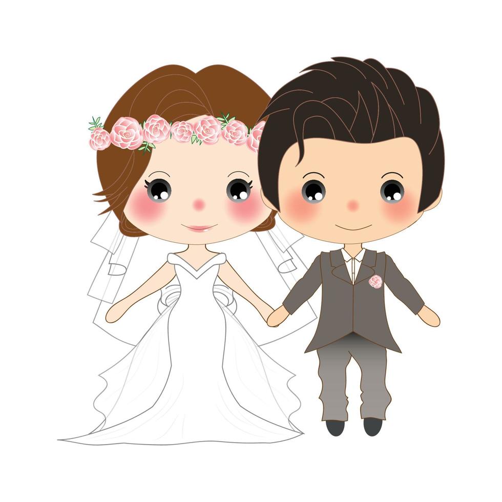 Couple Wedding. Cute Woman in Bride Dress and Handsome Man in Groom Tuxedo. Vector. Illustration. vector
