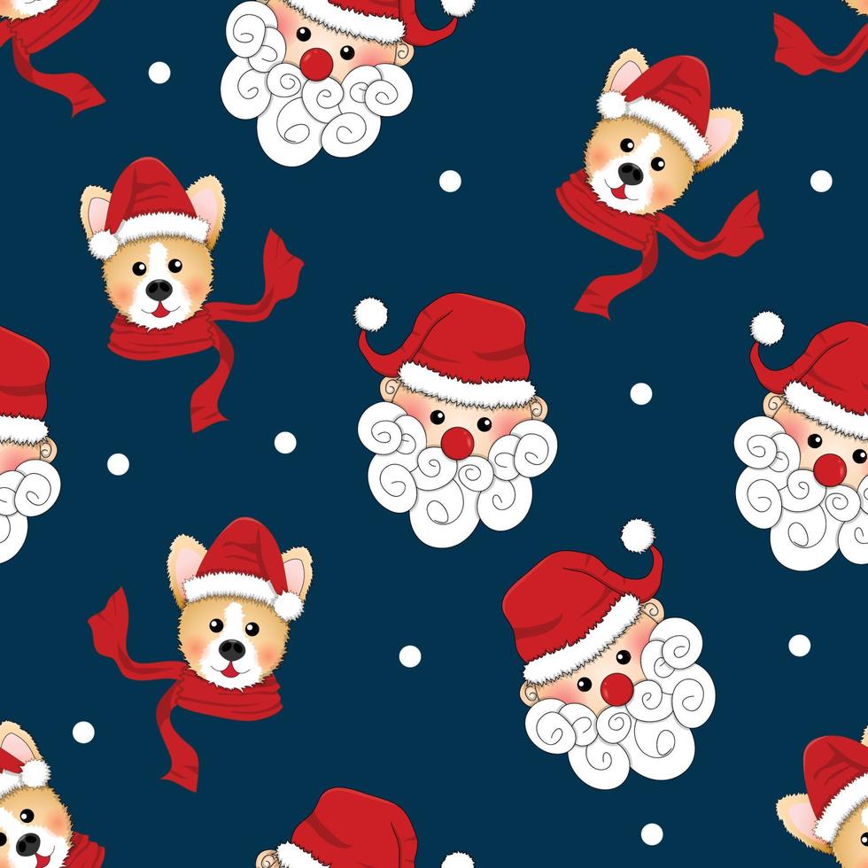 Santa Claus and Corgi with Red Scarf on Indigo Blue Background vector