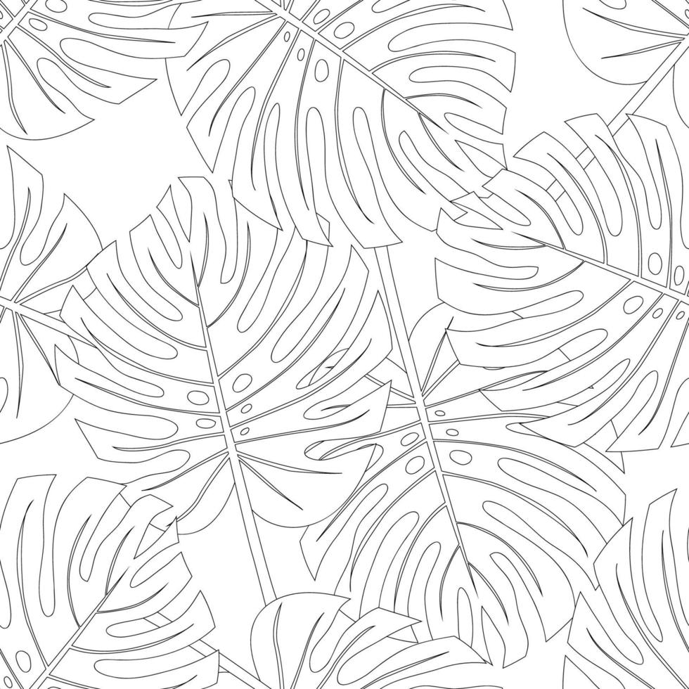 Philodendron Monstera Leaf Seamless Outline isolated on White Background. vector
