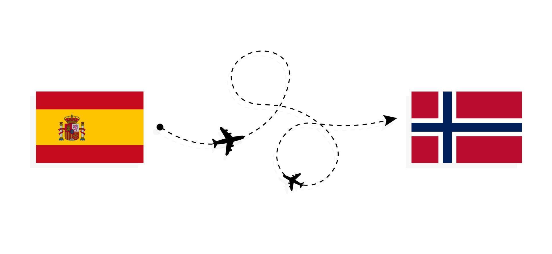 Flight and travel from Spain to Norway by passenger airplane Travel concept vector