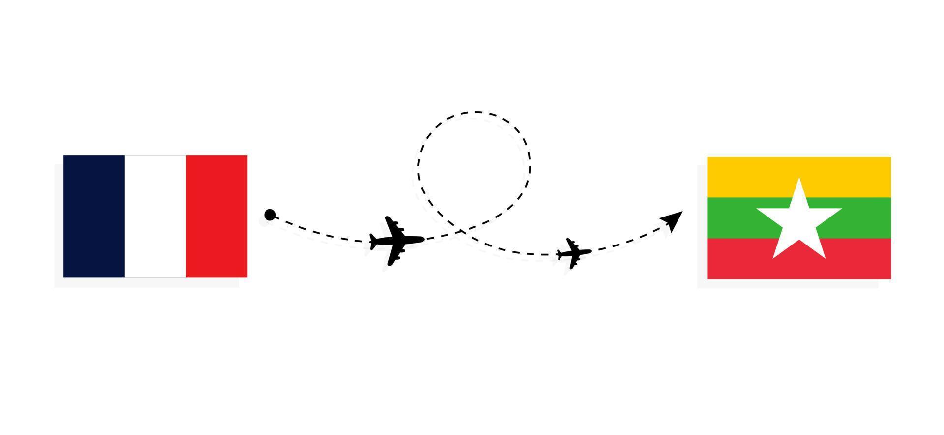 Flight and travel from France to Myanmar by passenger airplane Travel concept vector