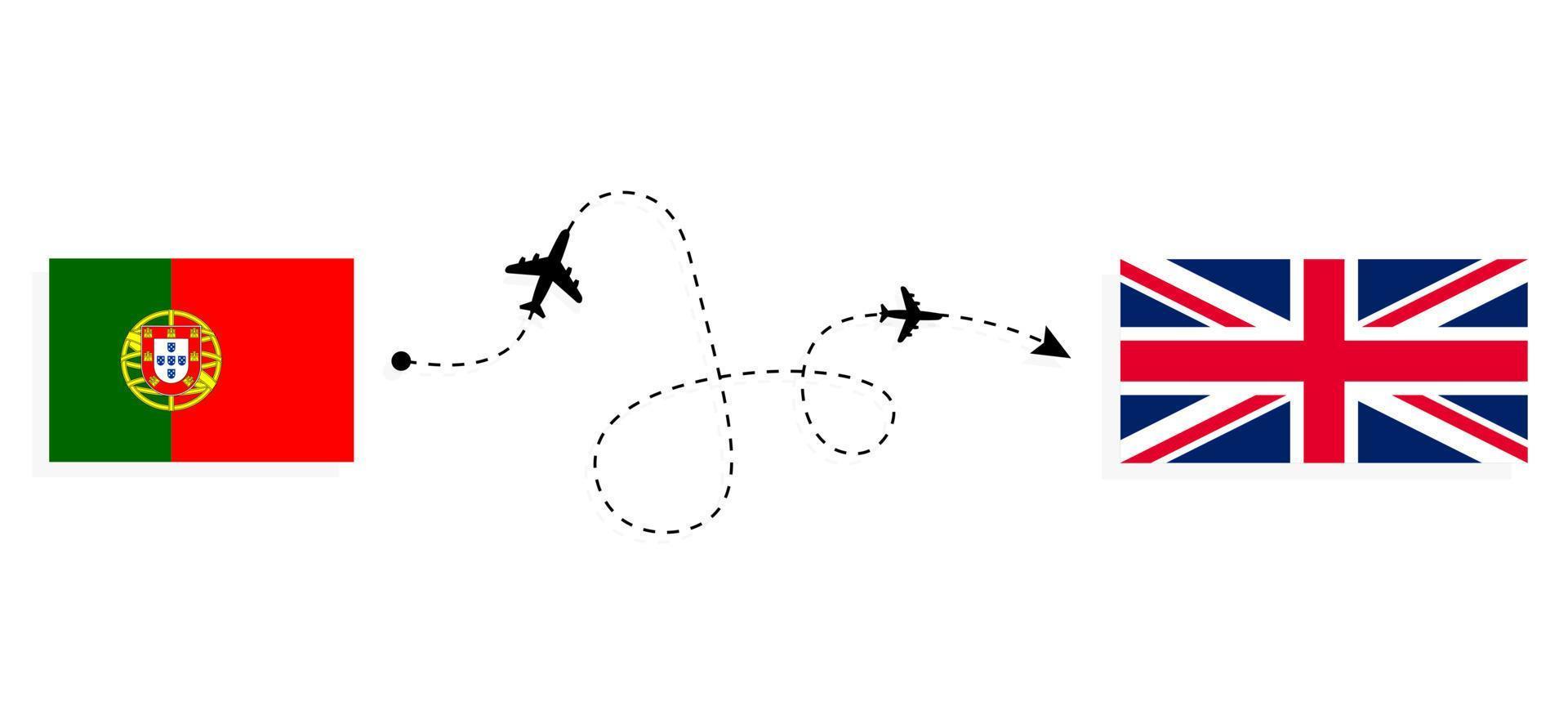 vuelo y viaje desde portugal al reino unido de gran bretaña por concepto de viaje en avión de pasajeros vector