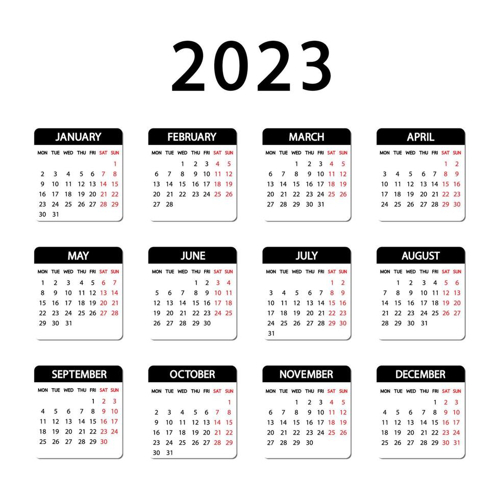 Calendar 2023 year. The week starts Monday. Annual Russian calendar 2023 template vector