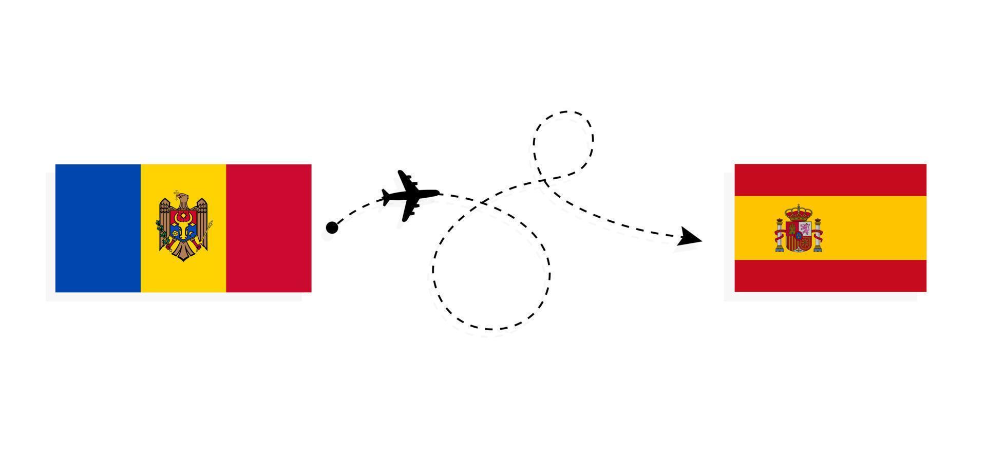 Flight and travel from Moldova to Spain by passenger airplane Travel concept vector