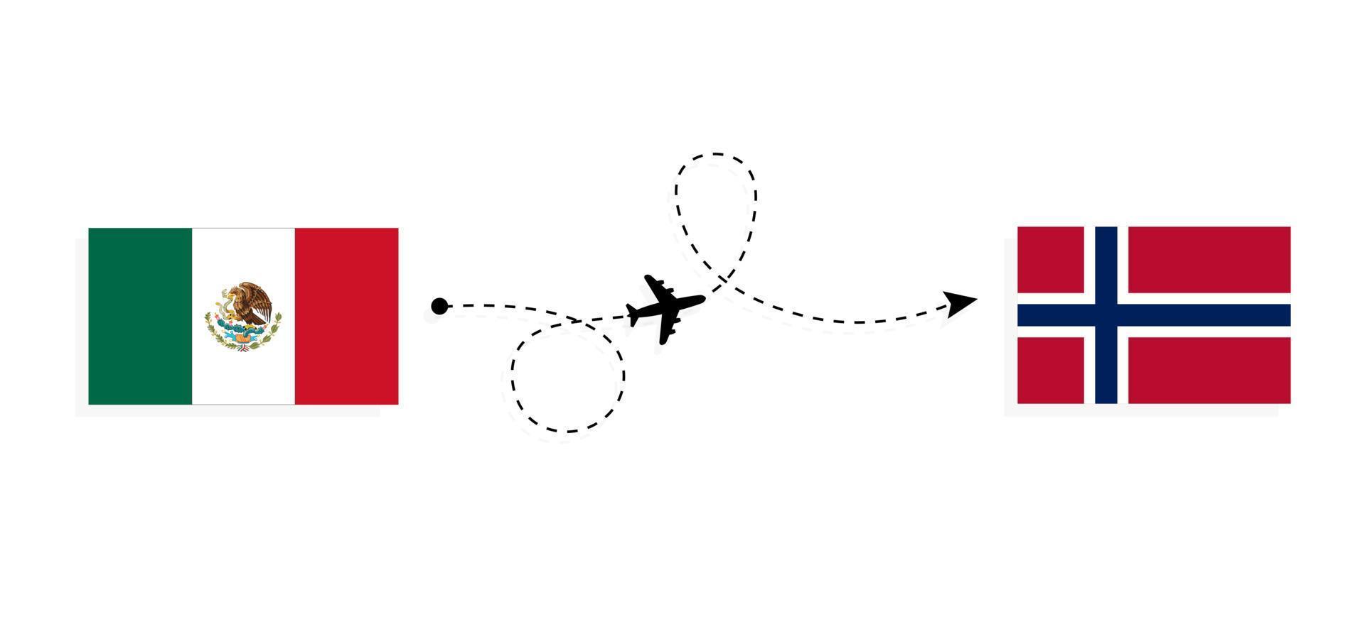 Flight and travel from Mexico to Norway by passenger airplane Travel concept vector