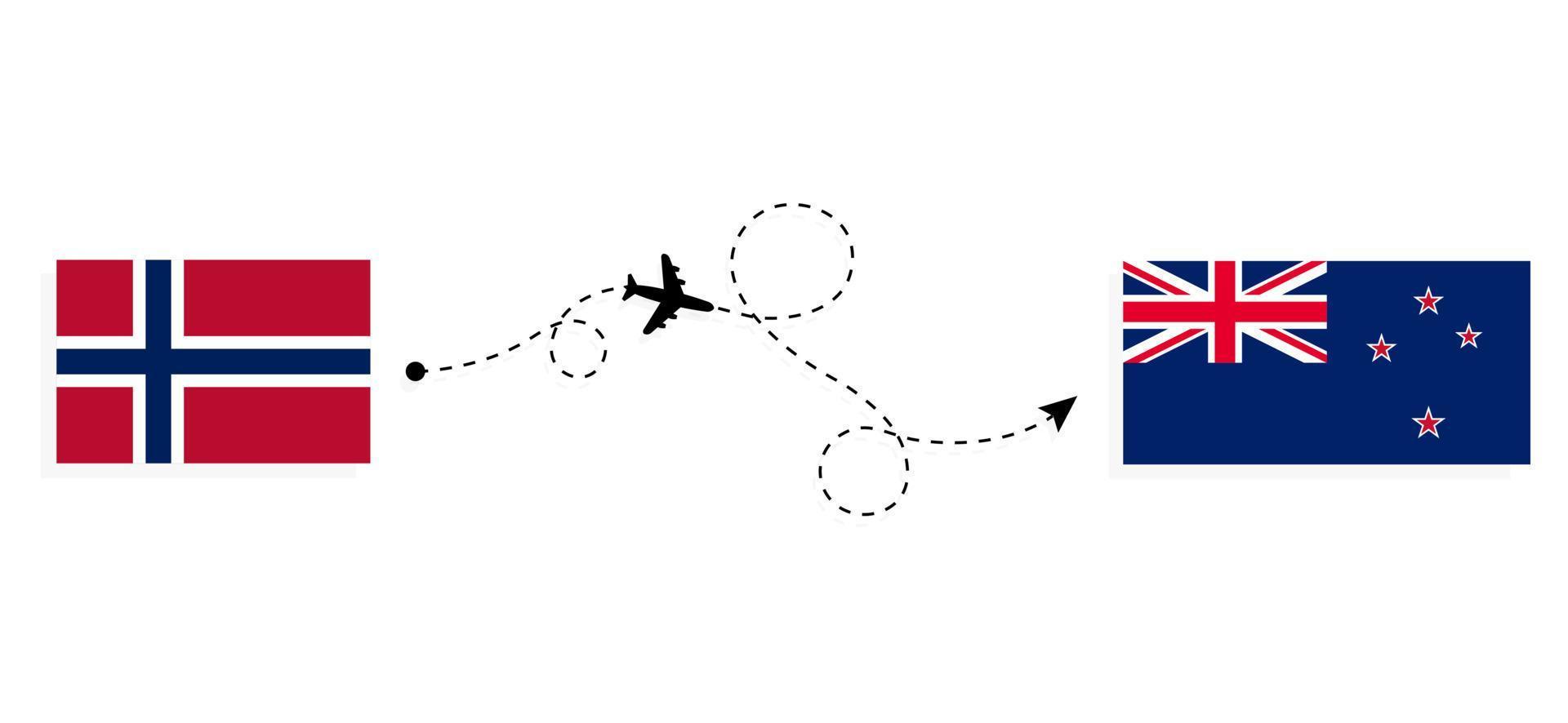 Flight and travel from Norway to New Zealand by passenger airplane Travel concept vector