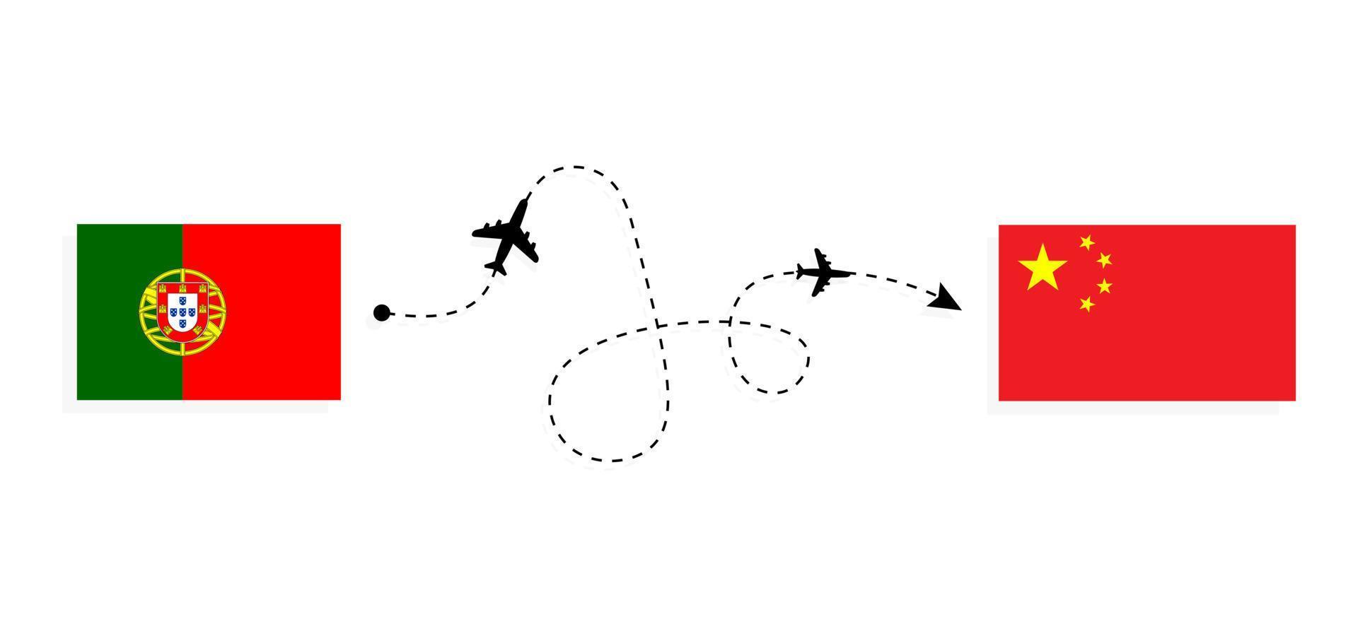 Flight and travel from Portugal to China by passenger airplane Travel concept vector