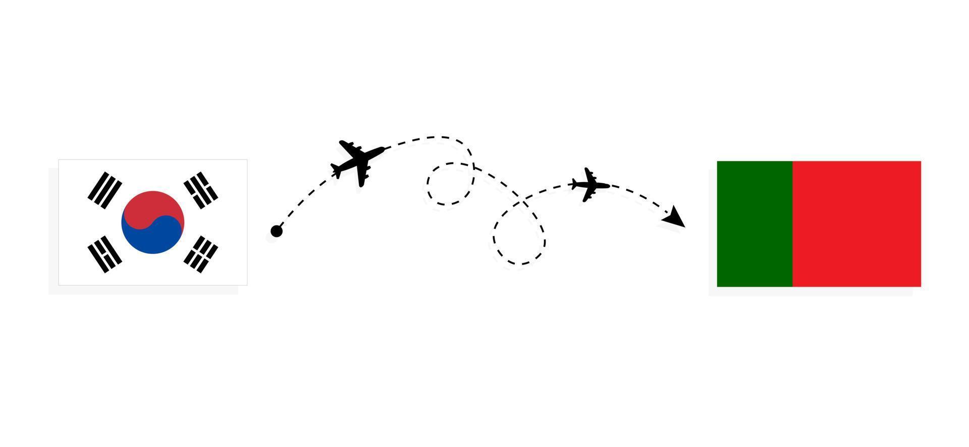 vuelo y viaje desde corea del sur a portugal por concepto de viaje en avión de pasajeros vector