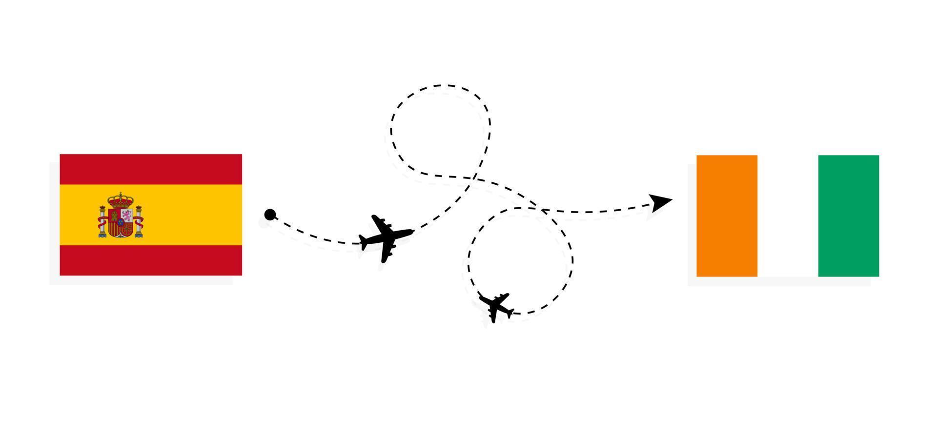 Flight and travel from Spain to Cote d'Ivoire by passenger airplane Travel concept vector