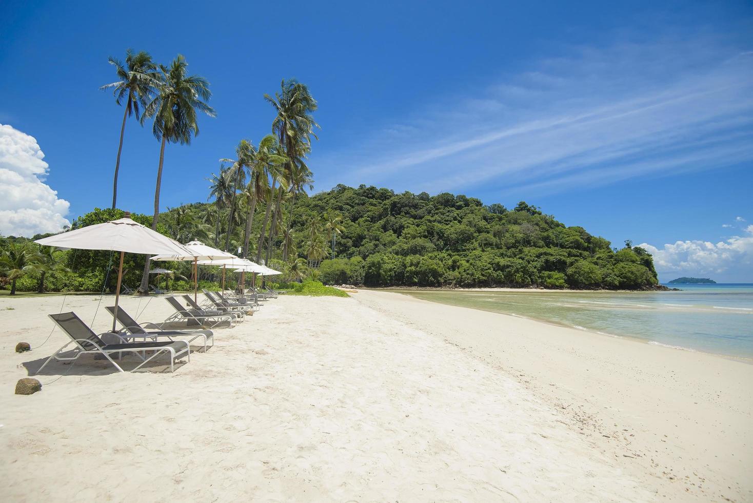 hermosa vista del paisaje de tumbonas en la playa tropical, el mar esmeralda y la arena blanca contra el cielo azul, bahía maya en la isla phi phi, tailandia foto