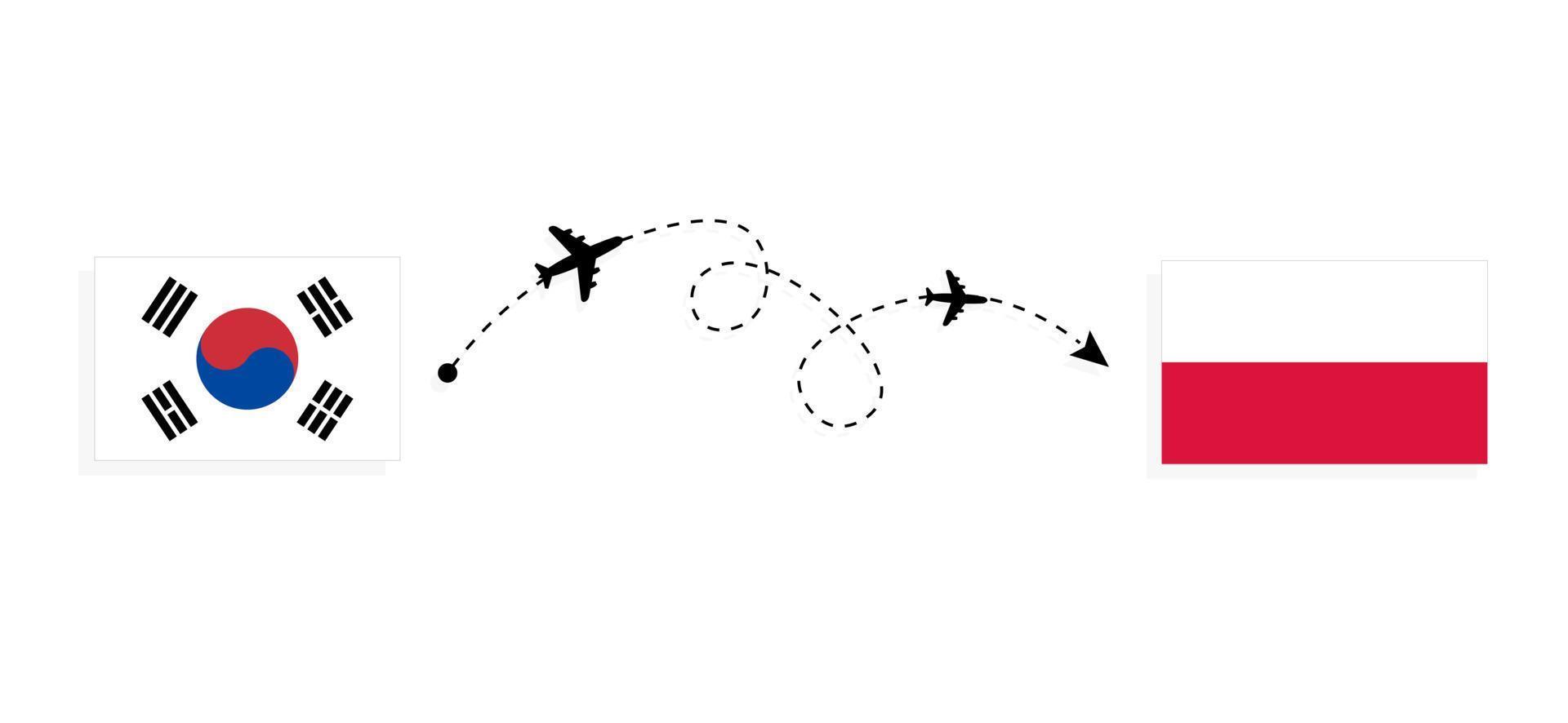 vuelo y viaje desde corea del sur a polonia por concepto de viaje en avión de pasajeros vector