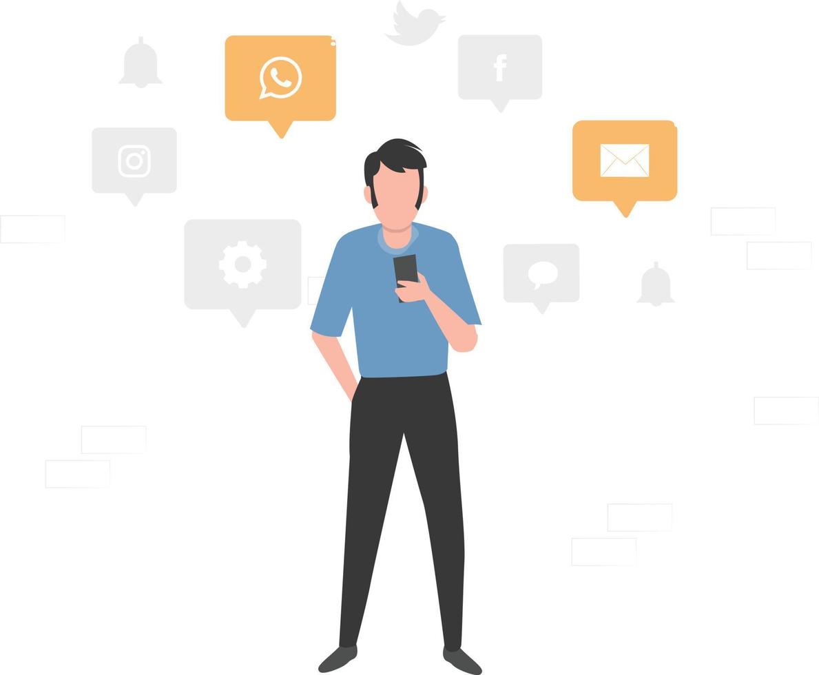 A boy using phone active on social apps. vector