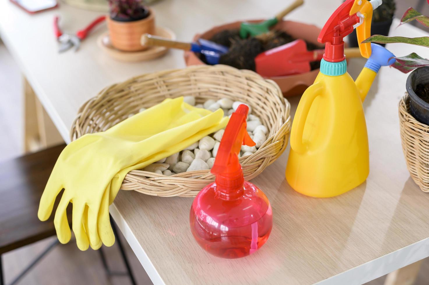 A portrait of gardening tools on wooden table, hobby and leisure concept photo