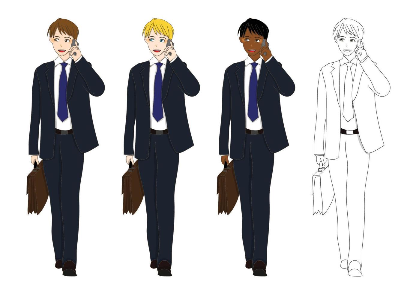 Set Handsome Business Man Talking on Phone and holding a Brief Case while Walking vector