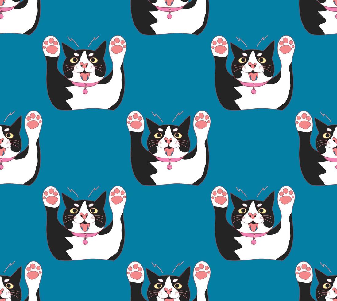 Cute Black and White Cat Attack on Indigo Blue Background vector