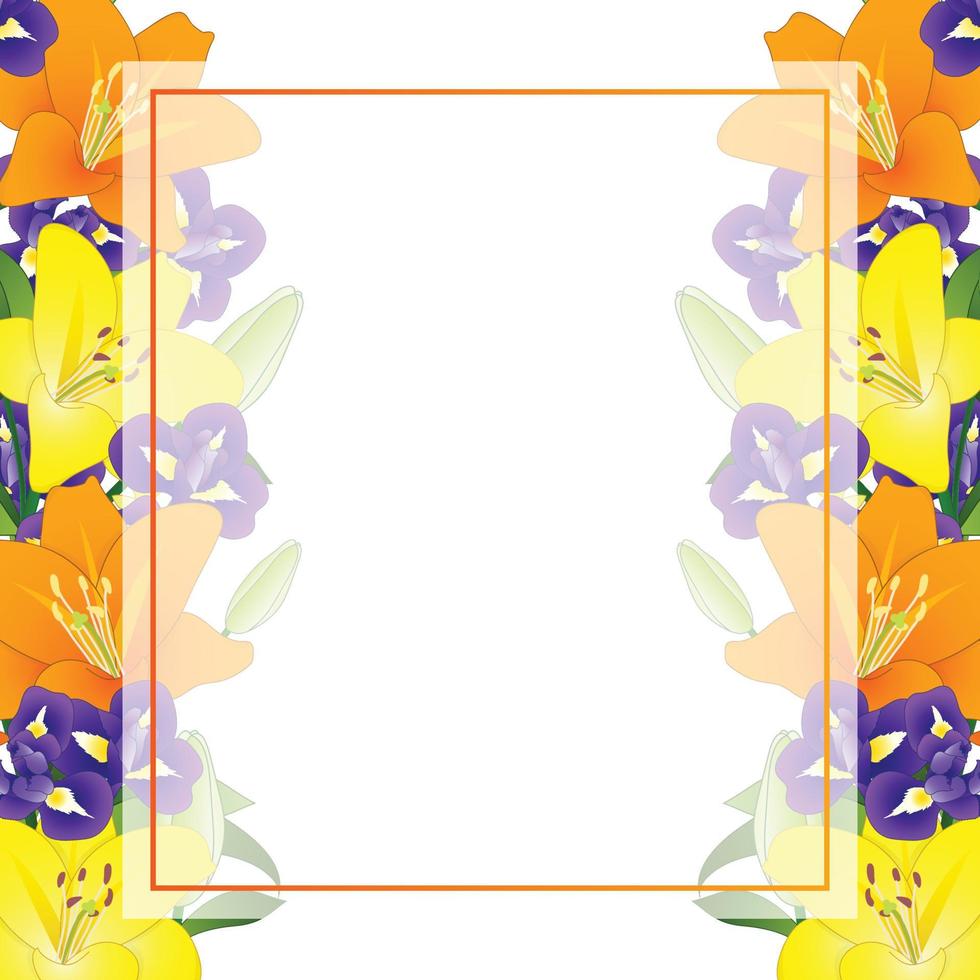 Yellow Orange Lily and Blue Iris Flower Banner Card Border vector
