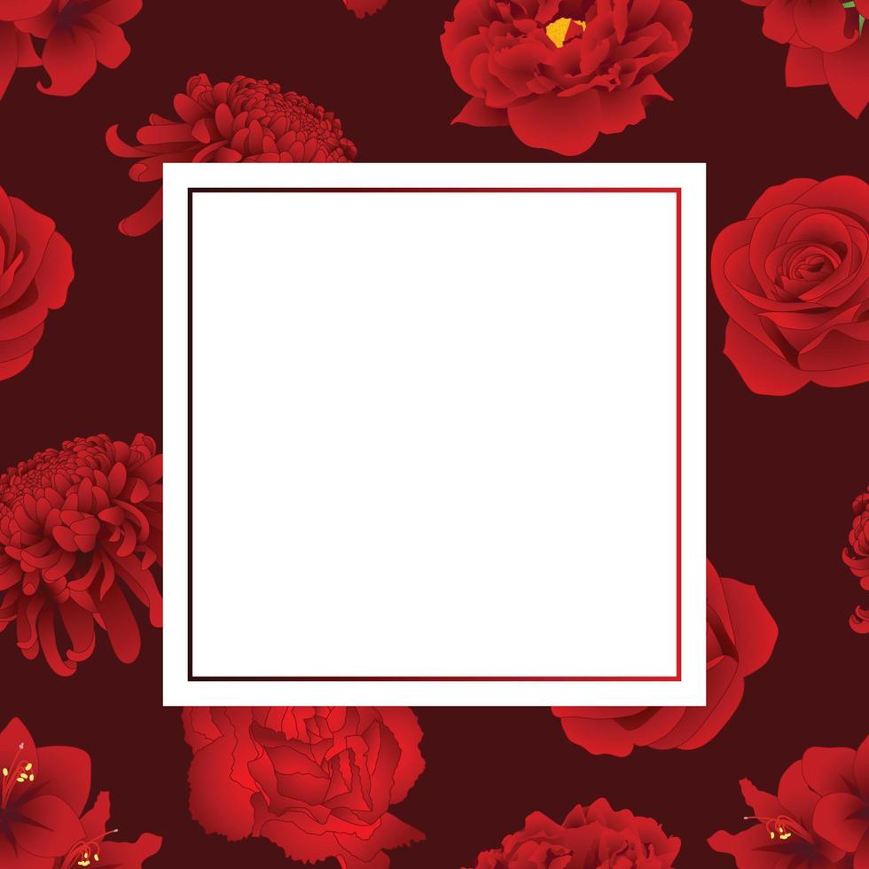 tarjeta de pancarta de flores de rosa roja, crisantemo, clavel, peonía y amarilis vector