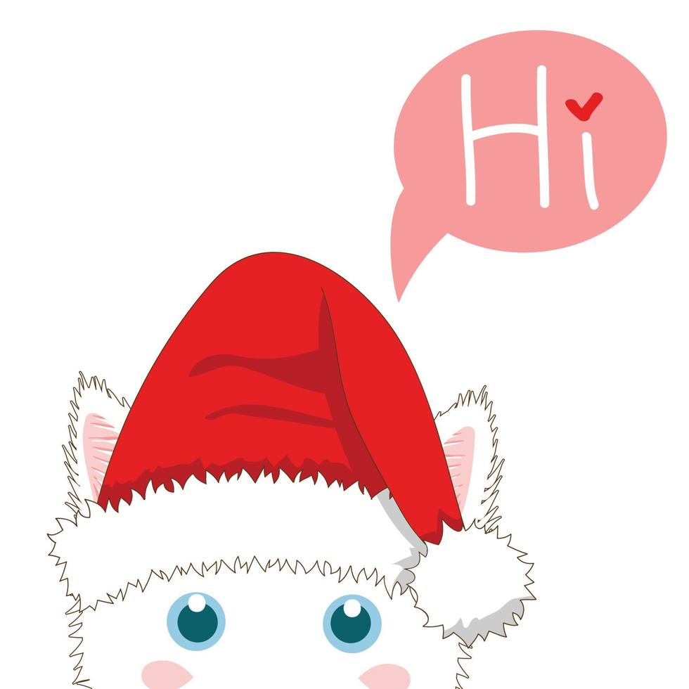 White Cat with Santa Hat Sneaking. Greeting Card Christmas Day. Vector Illustration.