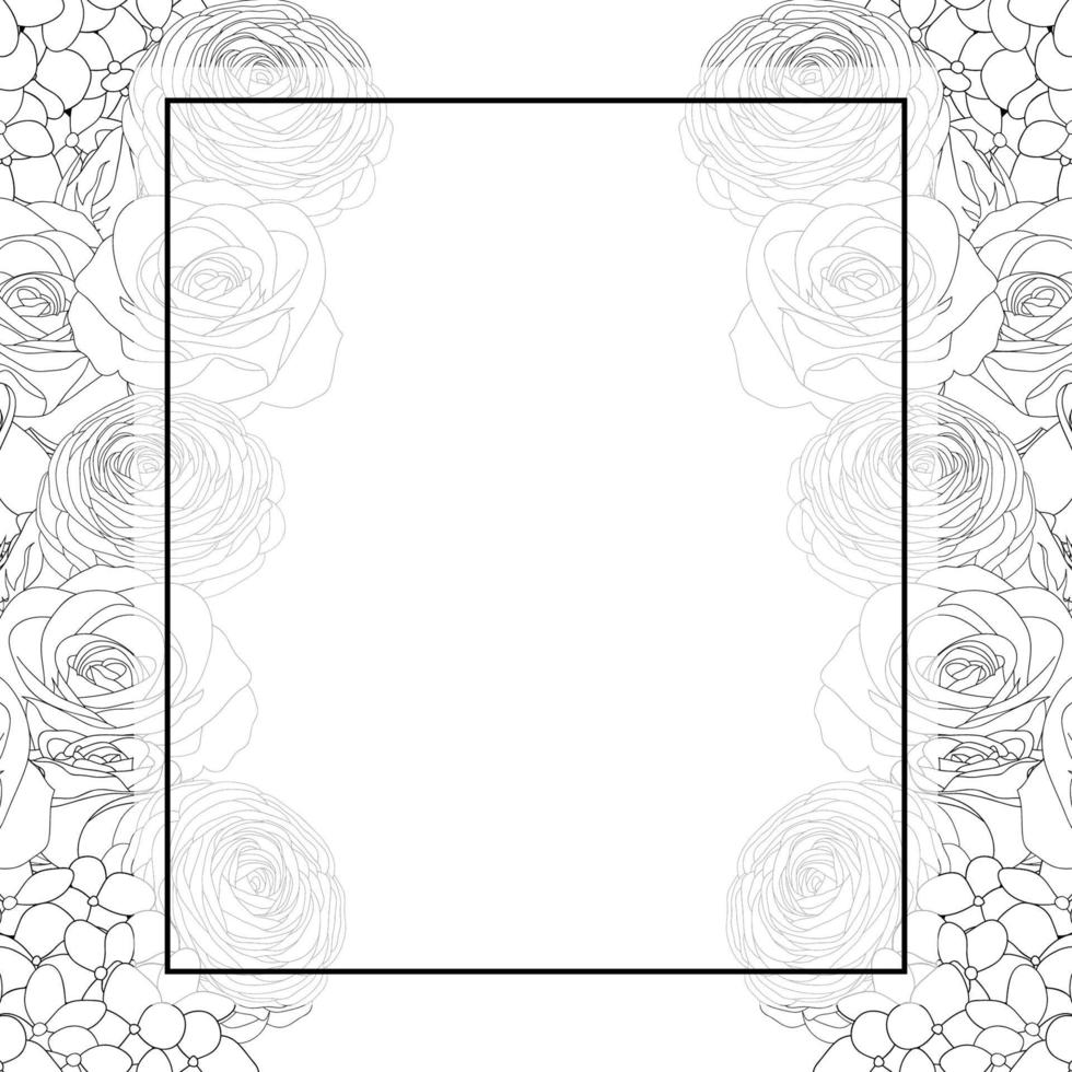 Rose, Hydrangea and Ranunculus Outline Banner Card Border vector