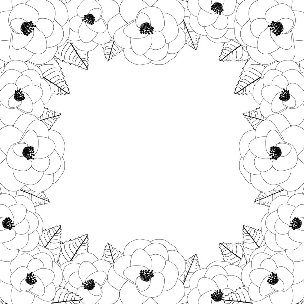 Camellia Flower Outline Frame Border. Vector Illustration.