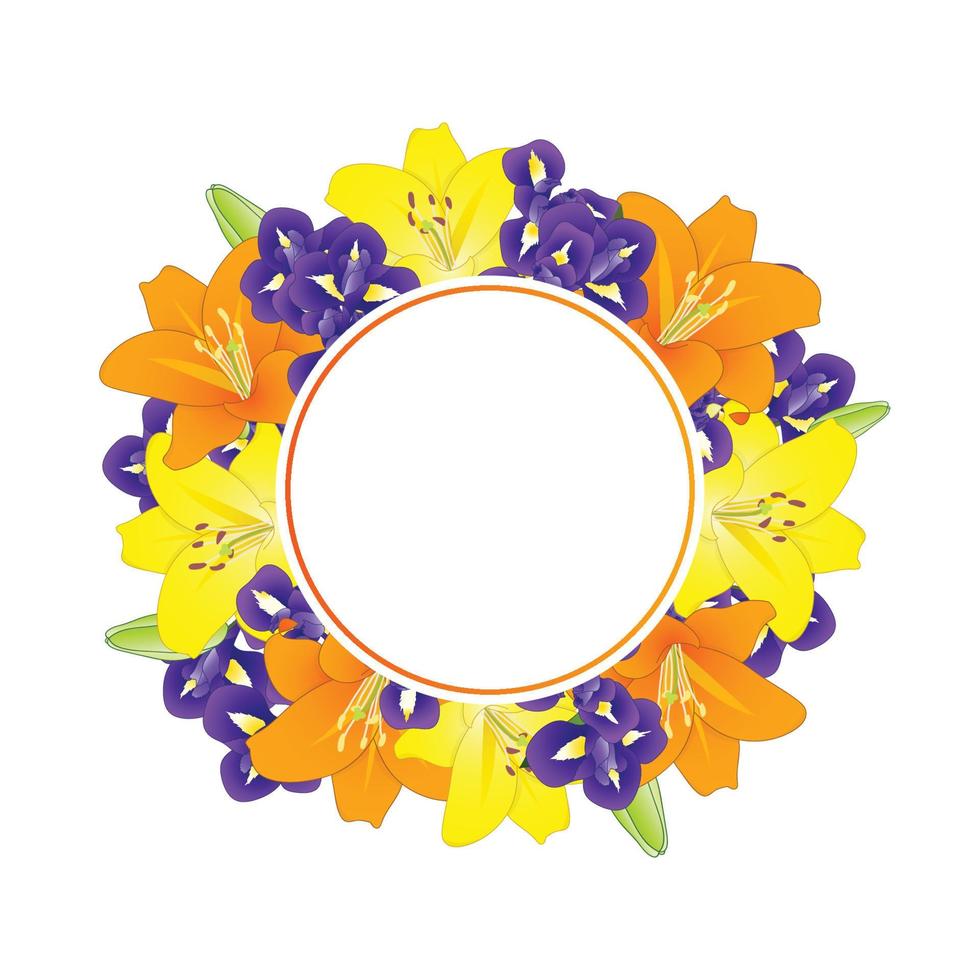 lirio naranja amarillo y corona de flores de iris azul vector