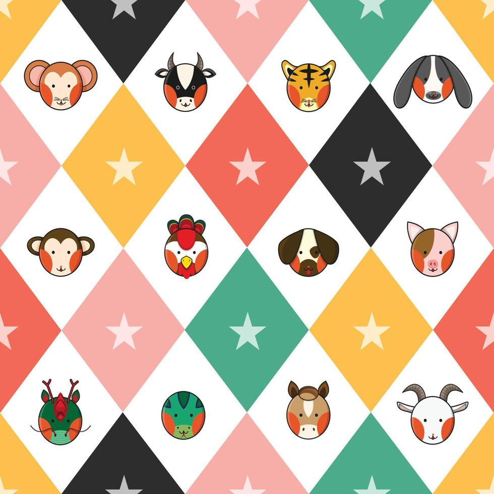 colorido zodiaco chino 12 animales signos tablero de ajedrez fondo de diamantes vector