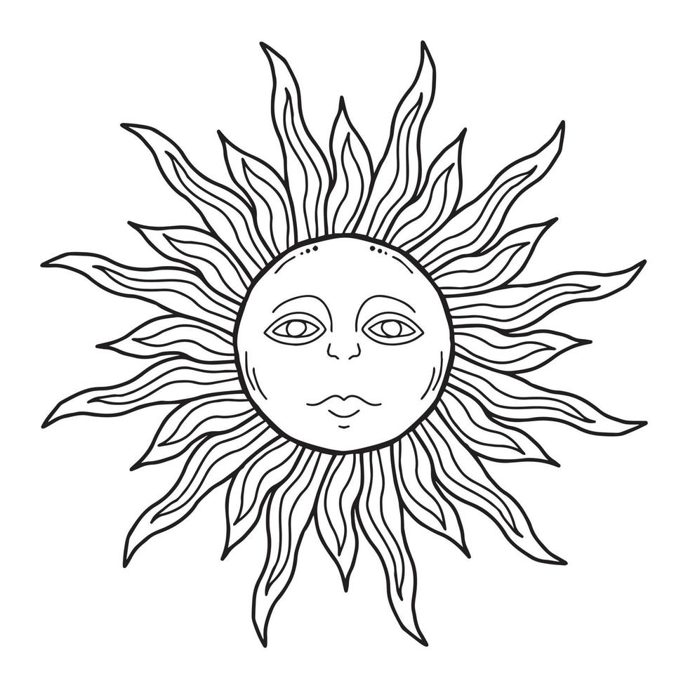 Stylized sun with face hand drawn in black ink outline, traditional ethnic Slavic symbol for Shrovetide or Maslenitsa, astrologic sign vintage concept. Heraldy medieval Tattoo design. vector